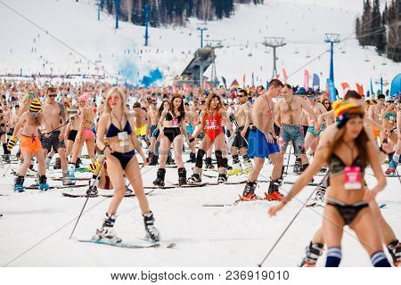 Sheregesh, Kemerovo Region, Russia - April 14, 2018: Grelka Fest: Sports And Entertainment Activity 