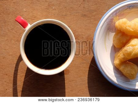 Patongko Or Deep Fried Dough Stick And Coffee Asian Breakfast Set,thai Food Usually Eat In The Morni