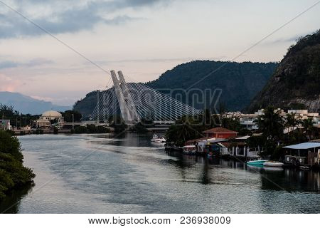 Stayed Bridge Over Marapendi Lagoon During Sunrise On Cloudy Morning, Barra Da Tijuca, Rio De Janeir