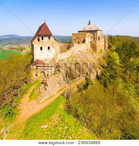 Aerial view of Tocnik Castle. A royal chateau of Wenceslas IV from the 14th century, adjusted in the Renaissance and the Baroque styles.