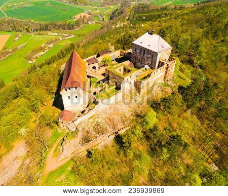 Aerial view of Tocnik Castle. A royal chateau of Wenceslas IV from the 14th century, adjusted in the Renaissance and the Baroque styles.