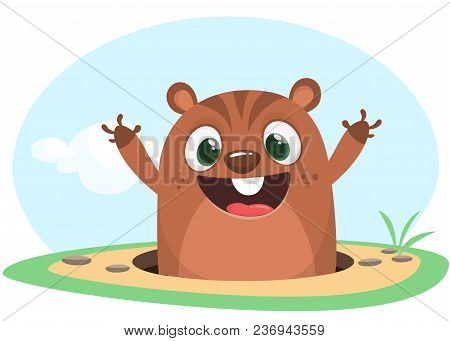 Cool Cartoon Marmot Or Chipmunk Or Humster In Major Hat Waving His Hands Looking Out Of Its Borrow O