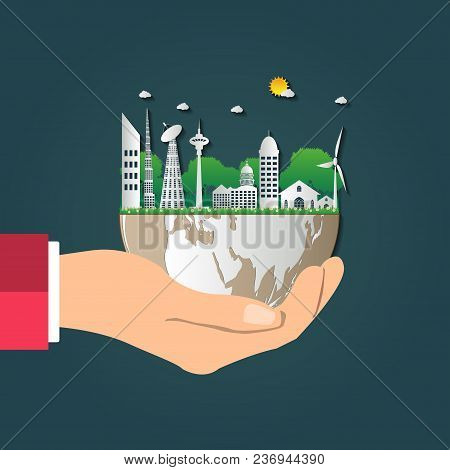 The World In Your Hands Ecology Concept.green Cities Help The World With Eco-friendly Concept Idea.w