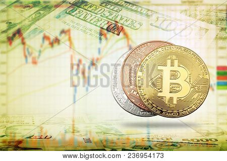 Crypto Currency Bitcoin Coins On Banknotes And Share Graph Background