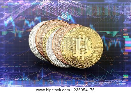 Crypto Currency Bitcoin Coins On Banknotes And Share Graph Background