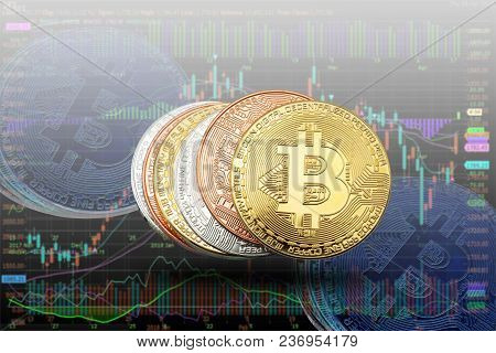 Crypto Currency Bitcoin Coins On Banknotes And Share Graph Background