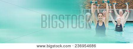 Old people exercising in Swimming pool with transition