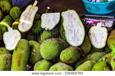 Heap Of Raw And Cut Kathal Jackfruit Echor In Retail Vegetable Super Market For Sale