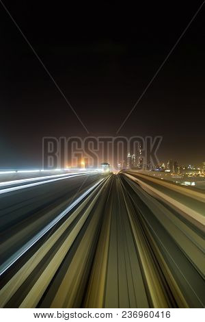 Front Cabin View From Modern Driver-less Metro Train Rush Forward, Along Night Smooth Timelapse. Ove