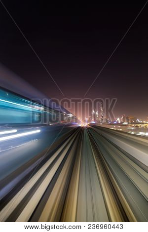 Front Cabin View From Modern Driver-less Metro Train Rush Forward, Along Night Smooth Timelapse. Ove