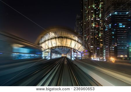 Front Cabin View From Modern Driver-less Metro Train Rush Forward, Along Night Smooth Timelapse. Ove