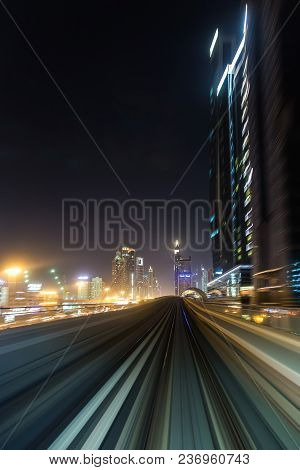 Front Cabin View From Modern Driver-less Metro Train Rush Forward, Along Night Smooth Timelapse. Ove
