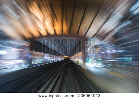 Front Cabin View From Modern Driver-less Metro Train Rush Forward, Along Night Smooth Timelapse. Ove