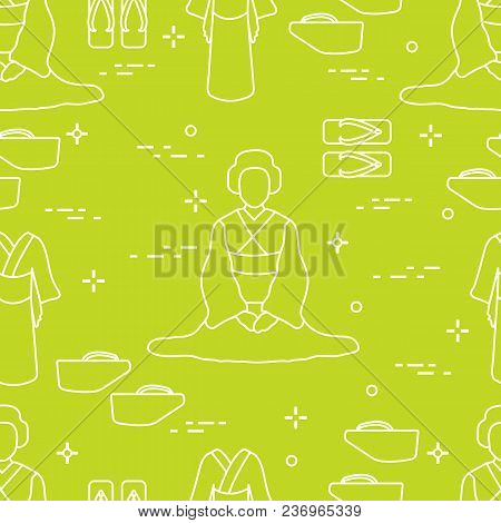 Seamless Pattern With Asian Woman, Traditional Japanese Clothing, Shoes. Travel And Leisure.