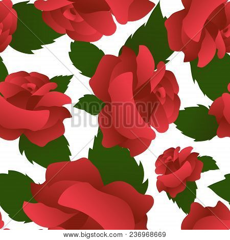 Seamless Floral Pattern With Roses. Big Single Blooms And Green Leaves United In Mosaic. Vector Illu