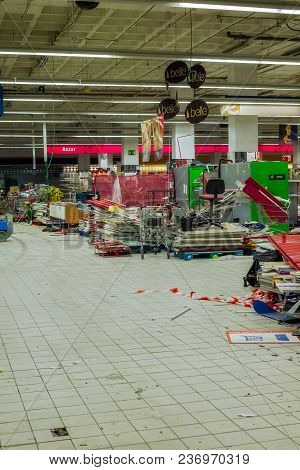 Malaga, Spain - April 14, 2018. Renovation Of Comercial Space Eroski From Larios Center, Malaga City