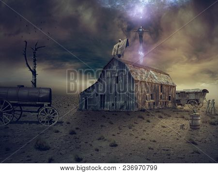 An Old Barn, An Old Metal Barrel On Wheels, A Severe Sky, A Mystical Ritual.