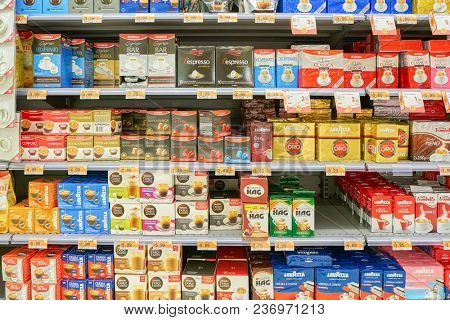 ROME, ITALY - CIRCA NOVEMBER 2017: coffee on display in Conad supermarket in Rome.