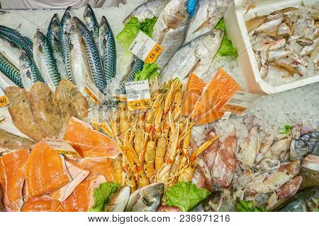 ROME, ITALY - CIRCA NOVEMBER 2017: seafood on display in Conad supermarket in Rome.
