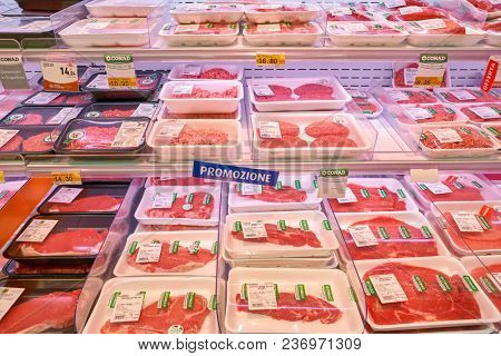 ROME, ITALY - CIRCA NOVEMBER 2017: fresh meat on display in Conad supermarket in Rome.