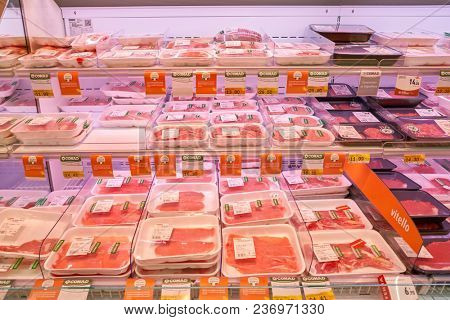 ROME, ITALY - CIRCA NOVEMBER 2017: fresh meat on display in Conad supermarket in Rome.