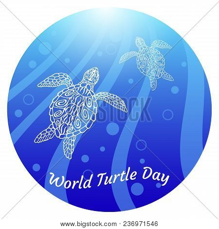 World Turtle Day. Water Turtles Swim Up. Rays, Bubbles, Light. Drawing In Ethnic Aboriginal Style. B