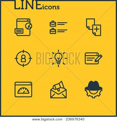 Illustration Of 9 Marketing Icons Line Style. Editable Set Of Duplicate Content, Jobs Open, Fresh Co