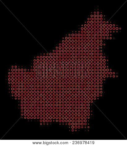 Dot Red Halftone Borneo Island Map. Vector Territorial Map In Red Color Tinges On A Black Background
