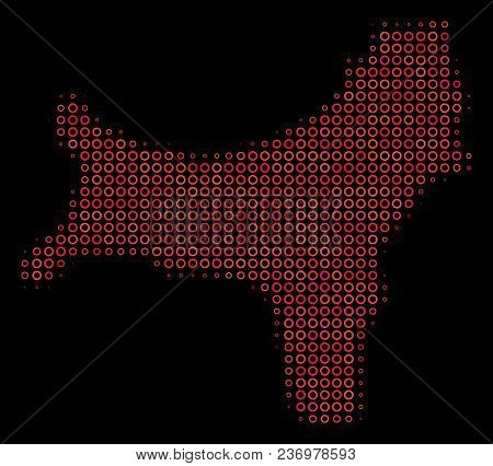 Dot Red Halftone Christmas Island Map. Vector Geographic Map In Red Color Tinges On A Black Backgrou