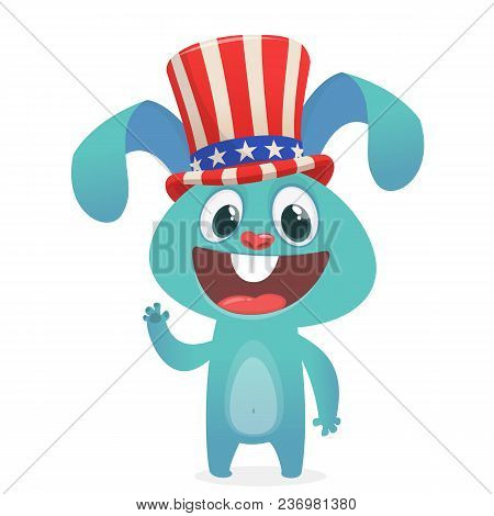 Happy Fourth Of July. Independence Day Of America. Cartoon Rabbit Wearing Uncle Sam Hat. Vector Illu