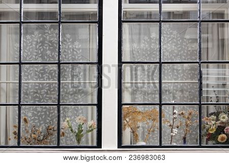 The Traditional Dutch Window With Tulle And Dry Bouquets On The Windowsill