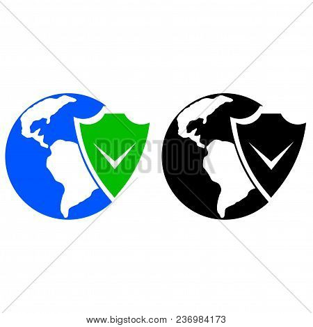 Earth And Shield Icon. Vector Icon. Flat Style