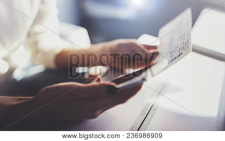 Enjoying Business Travel Concept. Young Beautiful Brunette Tourist Girl Travelling On The Train Sitt