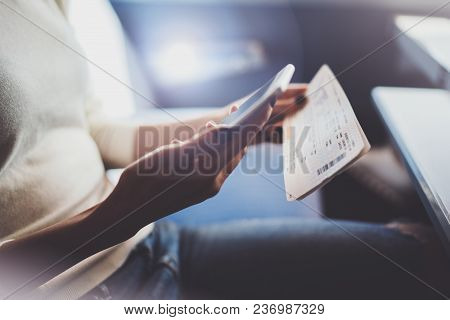 Enjoying Business Travel Concept. Young Beautiful Brunette Tourist Girl Travelling On The Train Sitt