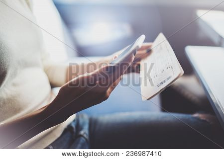 Enjoying Business Travel Concept. Young Beautiful Brunette Tourist Girl Travelling On The Train Sitt
