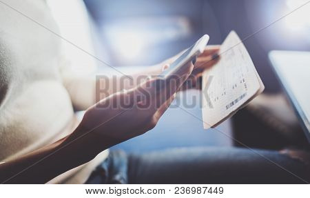 Enjoying Business Travel Concept. Young Beautiful Brunette Tourist Girl Travelling On The Train Sitt