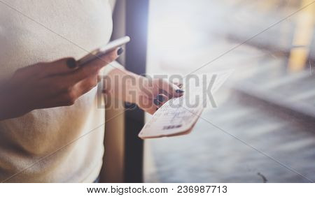 Enjoying Business Travel Concept. Young Beautiful Brunette Tourist Girl Travelling On The Train Sitt