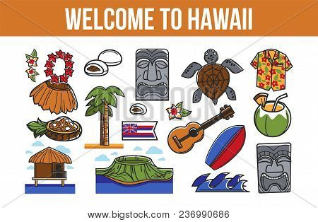 Welcome To Hawaii Promo Banner With Country Symbols. Delicious Food And Drinks, Beautiful Nature, Tr