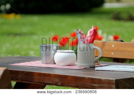 Common Table Setting In Bavarian Style. Tableware  With Zinc Trash Pot, White Ceramic Ashtray And Gr