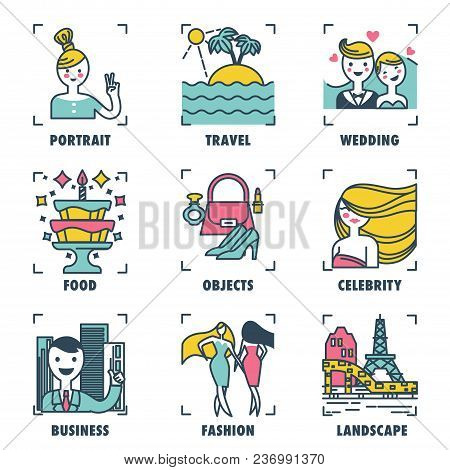 Camera Modes Icons Set. Portrait Setting, Travel Function, Bright Wedding, Focus On Food, Small Obje