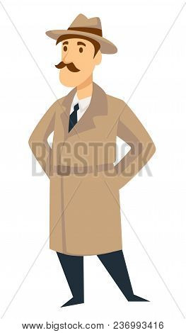 Detective Man On Investigation. Vector Cartoon Secret Agent Or Police Inspector Man Character In Det