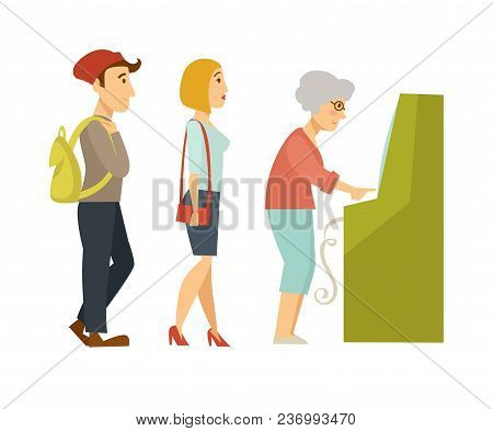 People Line Queue To Atm Teller Machine. Vector Cartoon Woman, Boy And Old Woman Wait To Withdraw Or