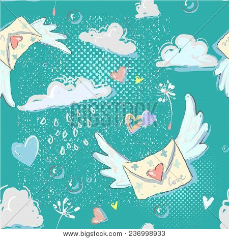 Enevelope Flying Hearts Dandelion Clouds Raindrops Doodle Love Seamless Pattern For Valentine Day