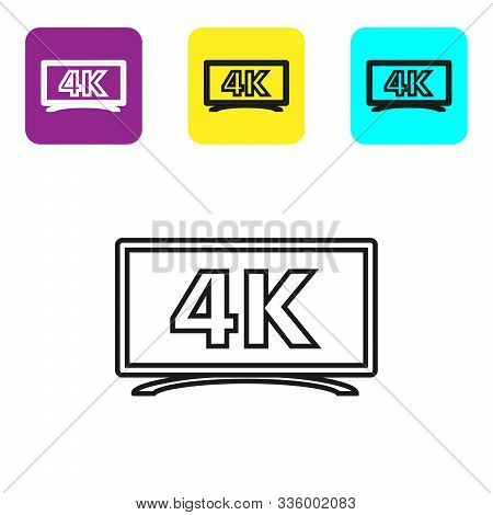 Black Line Screen Tv With 4k Ultra Hd Video Technology Icon Isolated On White Background. Set Icons 
