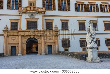 Graz, Austria - October 14, 2019:  Statue In Front Of Eggenberg Palace, The Most Significant Baroque