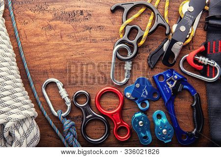 Climbing Equipment Outdoor For A Mountain Trip Or Rescue
 With Rope Carabiners Ascender Belay/rappel