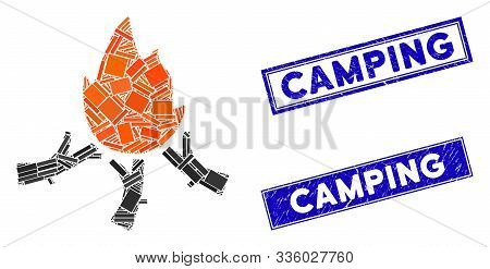 Mosaic Wood Campfire Pictogram And Rectangular Camping Seals. Flat Vector Wood Campfire Mosaic Picto