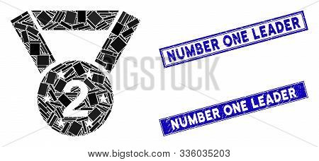 Mosaic Medal Second Icon And Rectangle Number One Leader Rubber Prints. Flat Vector Medal Second Mos