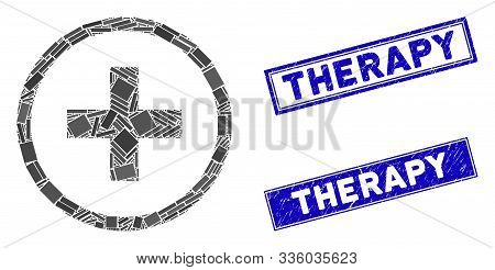 Mosaic Add Pictogram And Rectangle Therapy Watermarks. Flat Vector Add Mosaic Pictogram Of Random Ro