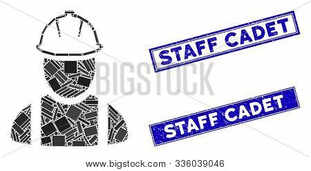 Mosaic Worker Pictogram And Rectangle Staff Cadet Seal Stamps. Flat Vector Worker Mosaic Pictogram O